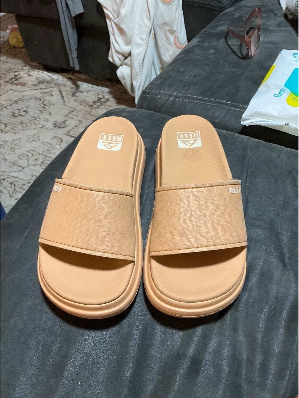 Reef Cushion Bondi Bay women's slide sandals in natural tan, size 5